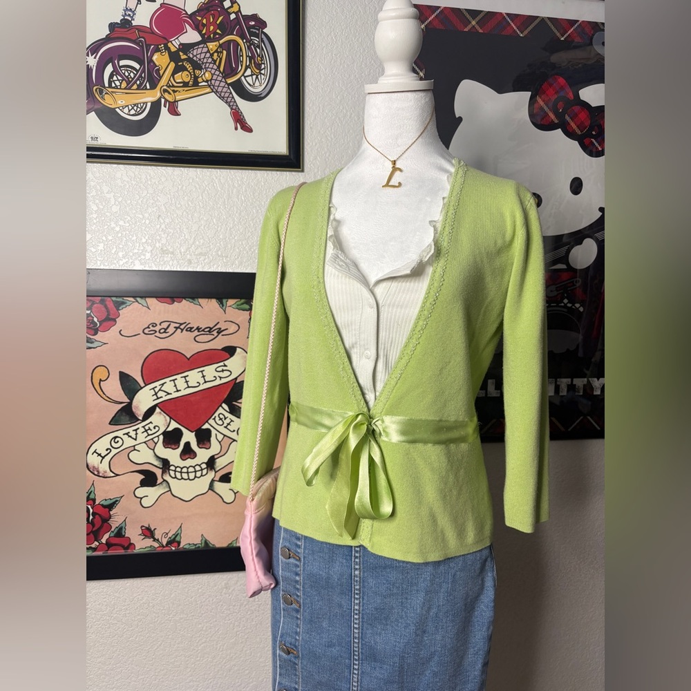 Linda Lucia Light Green Beaded Satin Tie Waist Cardigan Vintage Y2K Coquette
